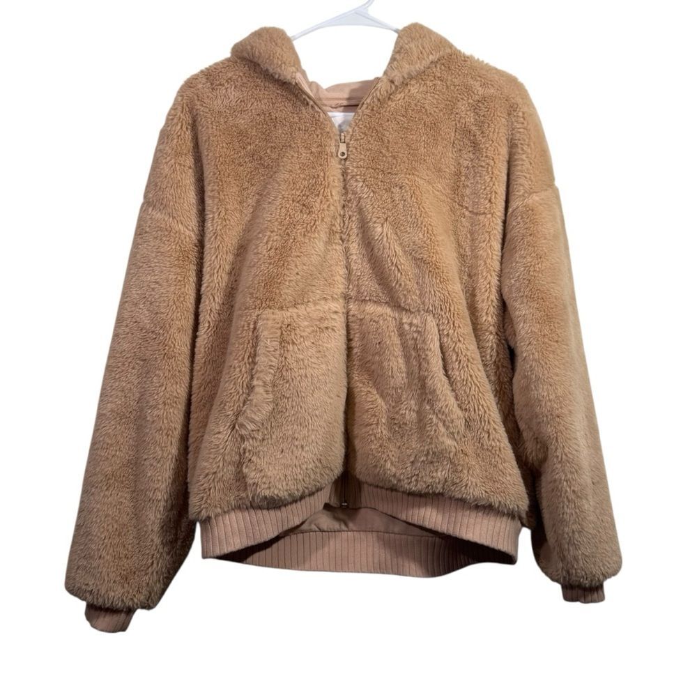 Aerie Tan Fuzzy Full Zip Teddy Bear Hooded Jacket